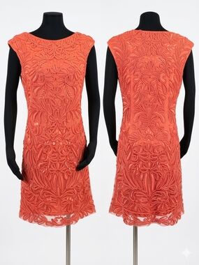 Sue Wong Coral Lace Appliqué Mini Dress - Coral